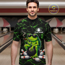 Load image into Gallery viewer, Black &amp; Green Funny Frog Bowling Polo, 1/4 zip Shirts for Men Custom Team Frog Bowling League Jersey NQS11583
