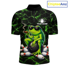 Load image into Gallery viewer, Black &amp; Green Funny Frog Bowling Polo, 1/4 zip Shirts for Men Custom Team Frog Bowling League Jersey NQS11583