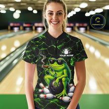 Load image into Gallery viewer, Black &amp; Green Funny Frog Bowling Polo, 1/4 zip Shirt for Women Custom Team Frog Bowling League Jersey NQS11583