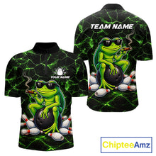 Load image into Gallery viewer, Black &amp; Green Funny Frog Bowling Polo, 1/4 zip Shirts for Men Custom Team Frog Bowling League Jersey NQS11583