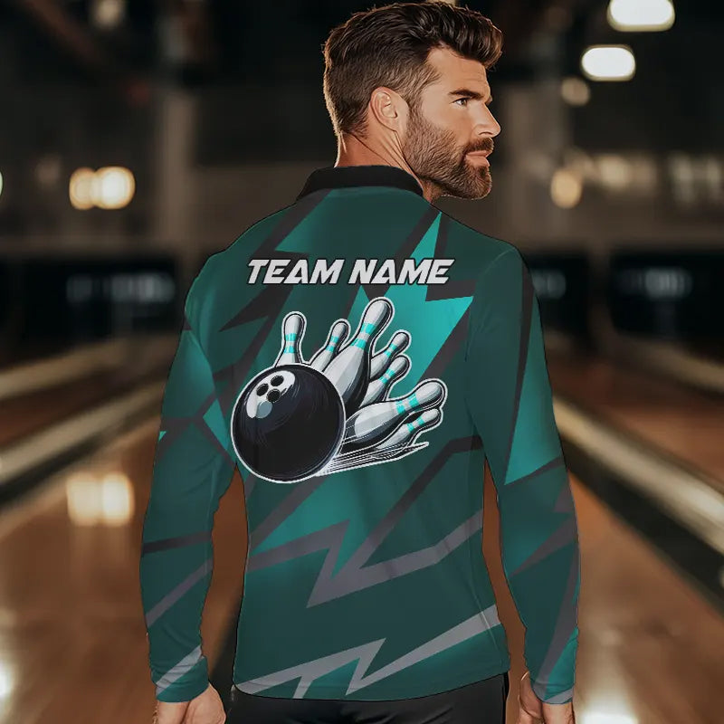 Cyan Blue Lightning Thunder Storm Team bowling shirts for Men custom bowling Polo, Quarter zip jerseys NQS9626