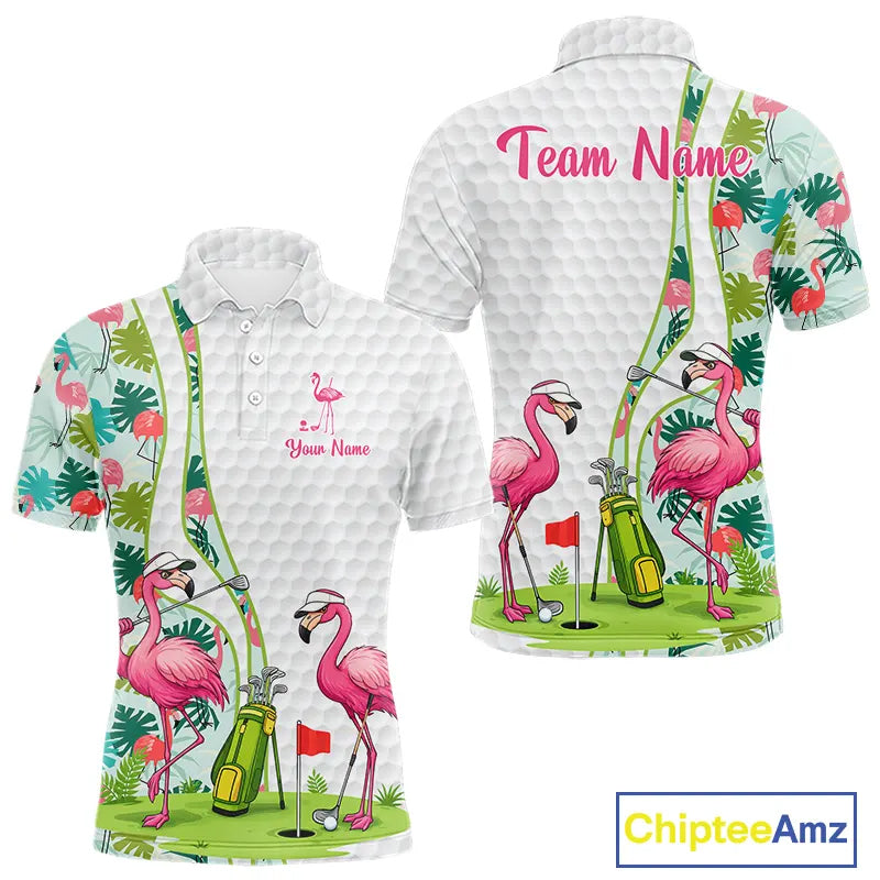 Funny Pink Flamingo Golf polo shirt for men custom tropical monstera leaf pattern golf shirts NQS11713