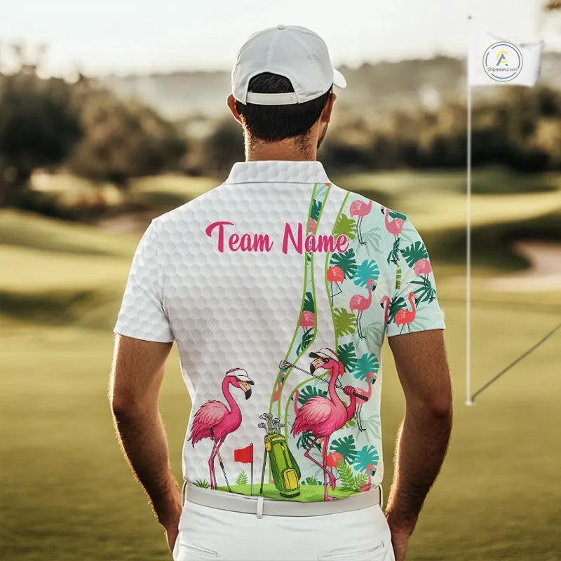 Funny Pink Flamingo Golf polo shirt for men custom tropical monstera leaf pattern golf shirts NQS11713