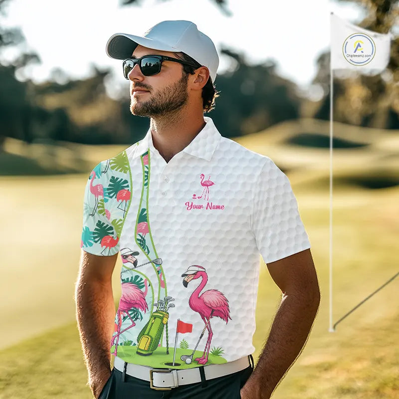 Funny Pink Flamingo Golf polo shirt for men custom tropical monstera leaf pattern golf shirts NQS11713