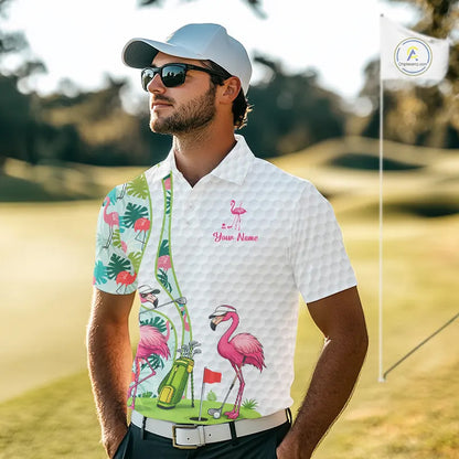Funny Pink Flamingo Golf polo shirt for men custom tropical monstera leaf pattern golf shirts NQS11713
