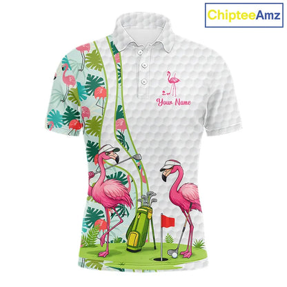 Funny Pink Flamingo Golf polo shirt for men custom tropical monstera leaf pattern golf shirts NQS11713