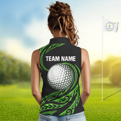 Black and Green Tribal Pattern Golf Ball Women Sleeveless Polo Shirt custom unique ladies golf apparel NQS9820