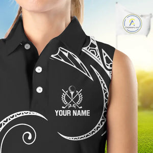 Black and White Tribal Pattern Golf Ball Women Sleeveless Polo Shirt custom unique ladies golf apparel NQS9821