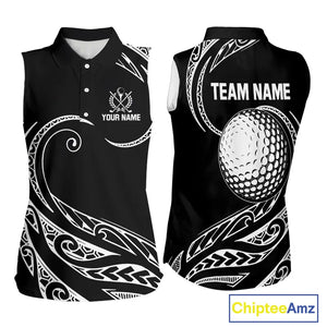 Black and White Tribal Pattern Golf Ball Women Sleeveless Polo Shirt custom unique ladies golf apparel NQS9821