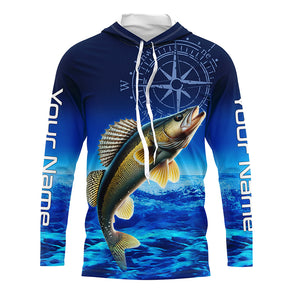 Personalized Walleye Blue Long Sleeve Performance Fishing Shirt, compass Walleye tournament Shirt NQS5853