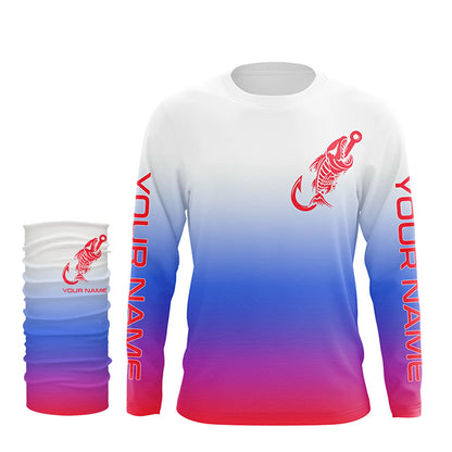 Red, white and blue Texas flag fish hook skull fishing Custom long sleeve performance Fishing jerseys NQS6060