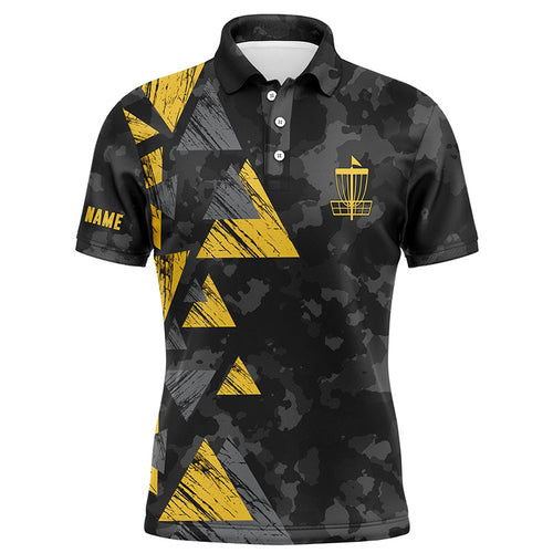 Yellow triangle and black camo Mens disc golf polo shirt custom disc golf outfit for men NQS6290
