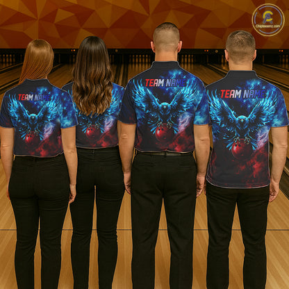 Smoke American Flag Eagle Bowling Shirts For Women Custom patriotic Bowling Team Polo, 1/4 zip Jersey NQS11179