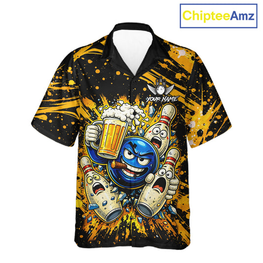 Black and Yellow Funny Bowling and Beer Custom Bowling Hawaiian Shirts, Bowling Team League jerseys NQS11587