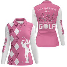 Load image into Gallery viewer, Pink leopard argyle pattern Women Golf Polo Shirt Custom Move over boy let a girl show you how to golf NQS7737