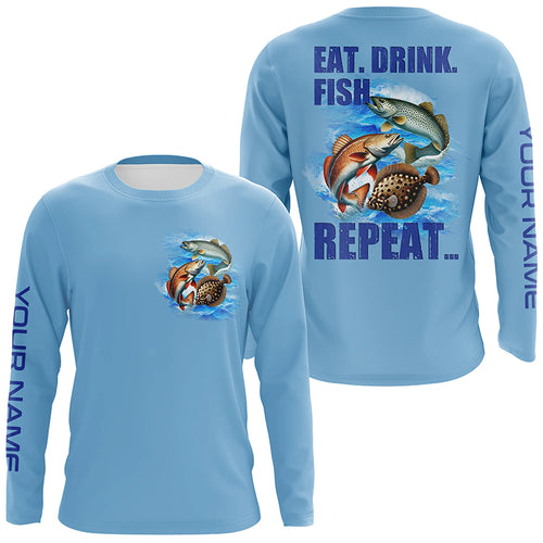 Texas inshore slam Fishing Custom Long Sleeve Performance Fishing shirts Eat Drink Fish Repeat | Blue NQS6292