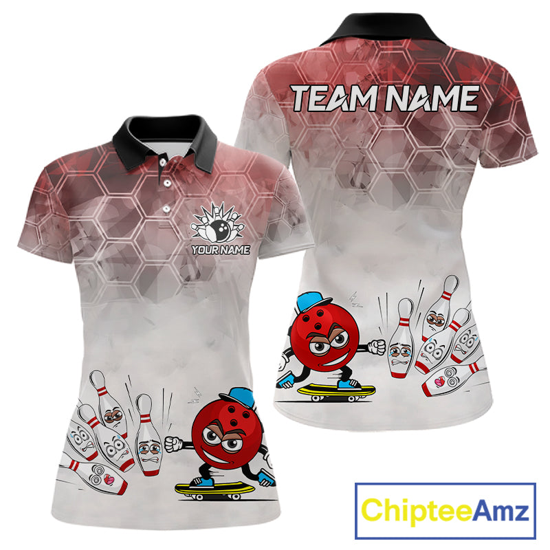 Funny Bowling Polo Shirts For Women, 1/4 zip shirts Custom Bowling Team Jerseys Gift For Bowler | Red NQS11388