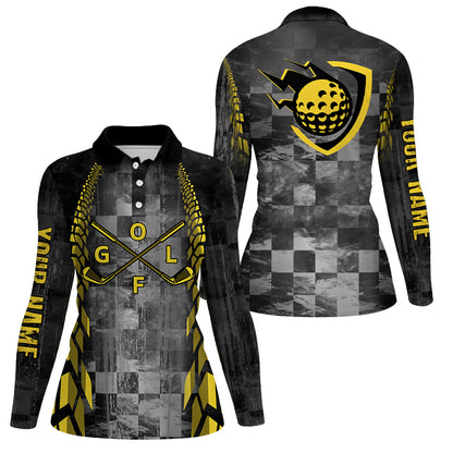 Womens golf polo shirts custom name black racing yellow pattern golf clubs golf outfit for women NQS6095