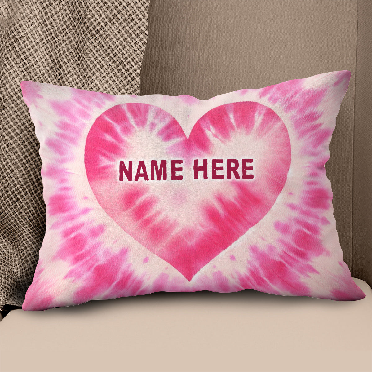 Personalized pink heart tie dye pattern custom name Canvas, Linen Throw Pillow NQS7028