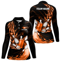 Load image into Gallery viewer, Black Womens bowling shirts Custom Orange flame Bowling ball and pins Team league bowler Jerseys NQS9135