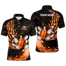 Load image into Gallery viewer, Black Mens bowling shirts Custom Orange flame Bowling ball and pins Team league bowler Jerseys NQS9135