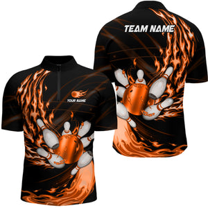 Black Mens bowling shirts Custom Orange flame Bowling ball and pins Team league bowler Jerseys NQS9135