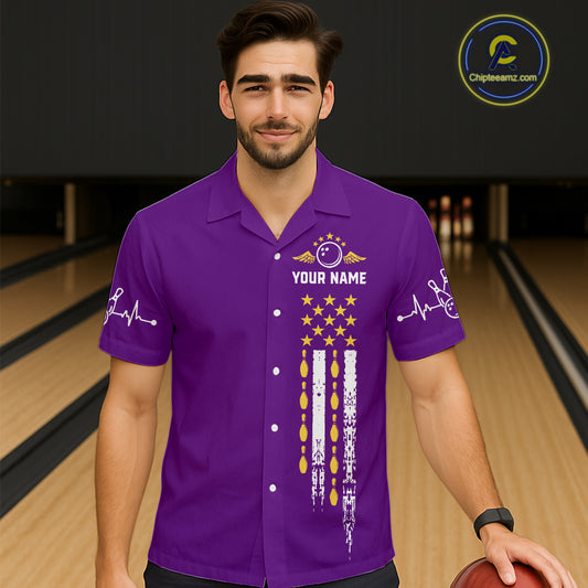 Yellow and Purple Retro American Flag Bowling Hawaiian Shirt Custom Patriotic Bowling Team Jerseys NQS11213