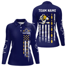 Load image into Gallery viewer, Yellow and Navy Blue Retro American Flag Bowling Shirt For Women Custom Patriotic Bowling Team Jersey NQS11214