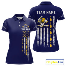 Load image into Gallery viewer, Yellow and Navy Blue Retro American Flag Bowling Shirt For Women Custom Patriotic Bowling Team Jersey NQS11214