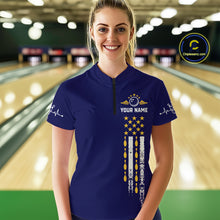 Load image into Gallery viewer, Yellow and Navy Blue Retro American Flag Bowling Shirt For Women Custom Patriotic Bowling Team Jersey NQS11214