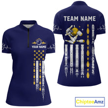 Load image into Gallery viewer, Yellow and Navy Blue Retro American Flag Bowling Shirt For Women Custom Patriotic Bowling Team Jersey NQS11214
