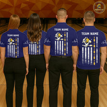 Load image into Gallery viewer, Yellow and Navy Blue Retro American Flag Bowling Shirt For Women Custom Patriotic Bowling Team Jersey NQS11214