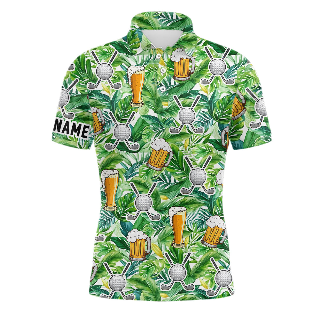 Funny Golf beer green tropical leaves pattern custom mens golf polo shirt, golf tops for men NQS7471