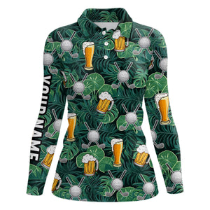 Green tropical leaves Golf beer pattern custom Womens golf polo shirt, golf tops for ladies NQS7472