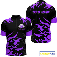 Load image into Gallery viewer, Black and Purple Flame Bowling shirts for Men Custom team bowling jerseys, mens bowling apparel NQS10269