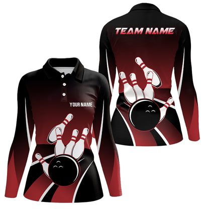 Red and black Women bowling polo shirts Custom Bowling ball pins Team Jersey, gift for team Bowlers NQS6148