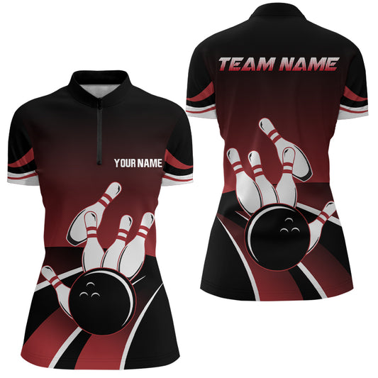 Red and black Womens Quarter Zip shirts Custom Bowling ball pins Team Jersey, gift for team Bowlers NQS6148