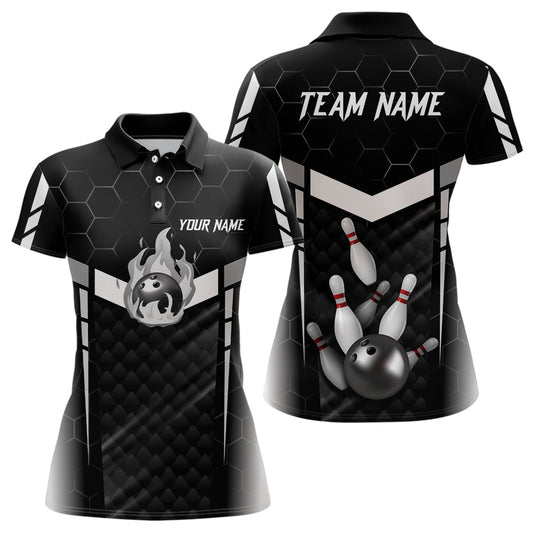 Personalized Bowling Polo, Quarter Zip Shirts For Women Custom Bowling Team Jerseys | Black NQS8479