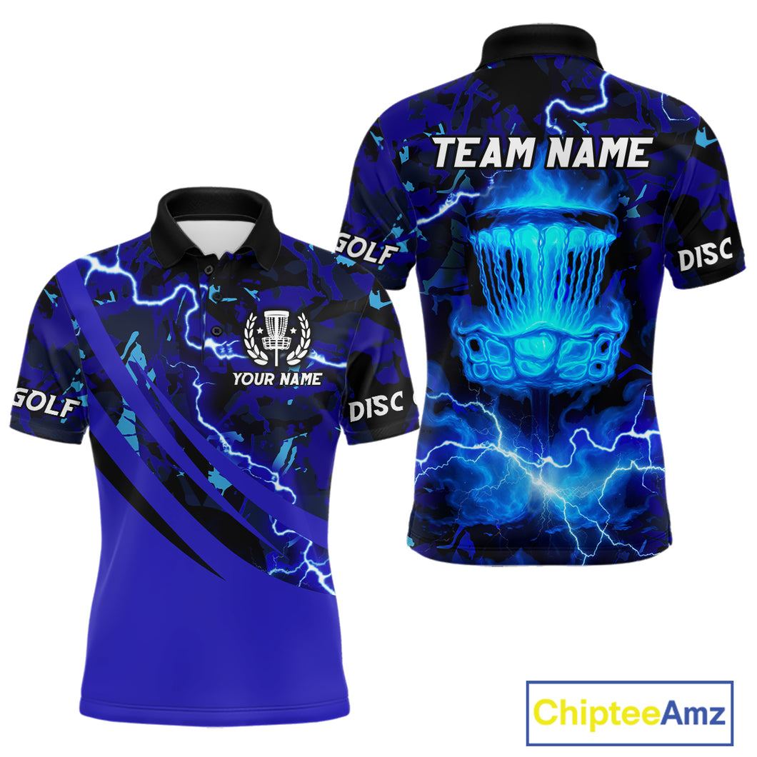 Blue Camo Lightning Thunder Mens Disc golf polo shirts, team disc golf jersey custom NQS11066