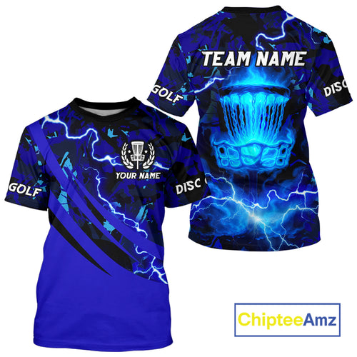 Blue Camo Lightning Thunder Disc golf T-Shirt, team disc golf jersey custom NQS11066