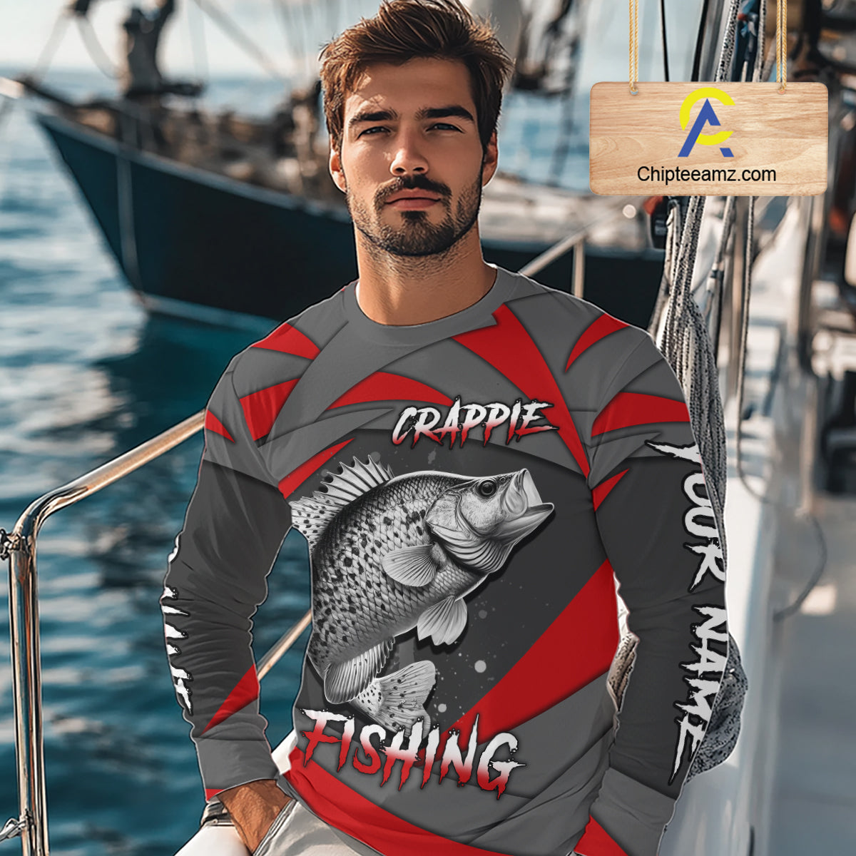 Gray and Red Crappie Fishing Jersey Custom Crappie Fishing Shirt for Team, personalized fishing gifts NQS10898