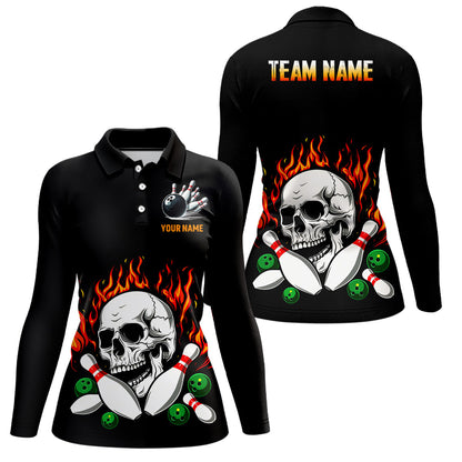 Flame Bowling skull Women bowling polo, quarter zip shirts Custom Team bowling Jerseys, bowling gifts NQS7649