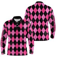 Load image into Gallery viewer, Mens golf polo shirts custom pink and black argyle plaid pattern golf attire for men NQS7646