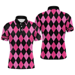 Mens golf polo shirts custom pink and black argyle plaid pattern golf attire for men NQS7646