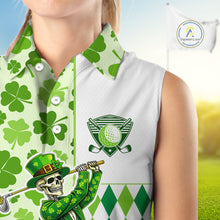 Load image into Gallery viewer, Green Shamrock argyle pattern St Patrick Skull ladies sleeveless golf shirts Custom women's golf top NQS 11507