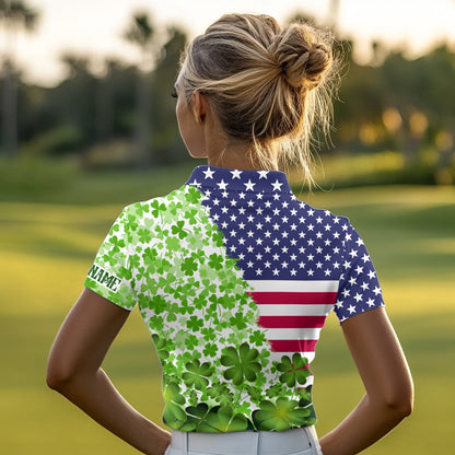 American flag St Patrick day shamrock golf pattern custom Women golf polo shirts, golf outfits ladies NQS9580
