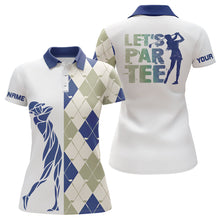 Load image into Gallery viewer, Blue and white golf shirt argyle pattern golf clubs custom name Womens golf polo shirts Let&#39;s par tee NQS8078