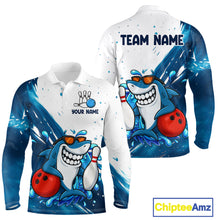 Load image into Gallery viewer, White and Blue Camo Shark Bowling polo, quarter zip shirts for Men Custom funny bowling team shirts NQS10280