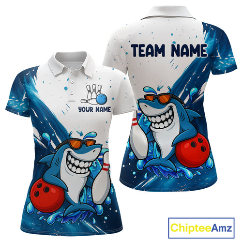 White and Blue Camo Shark Bowling polo, quarter zip shirts for Women Custom funny bowling team shirts NQS10280