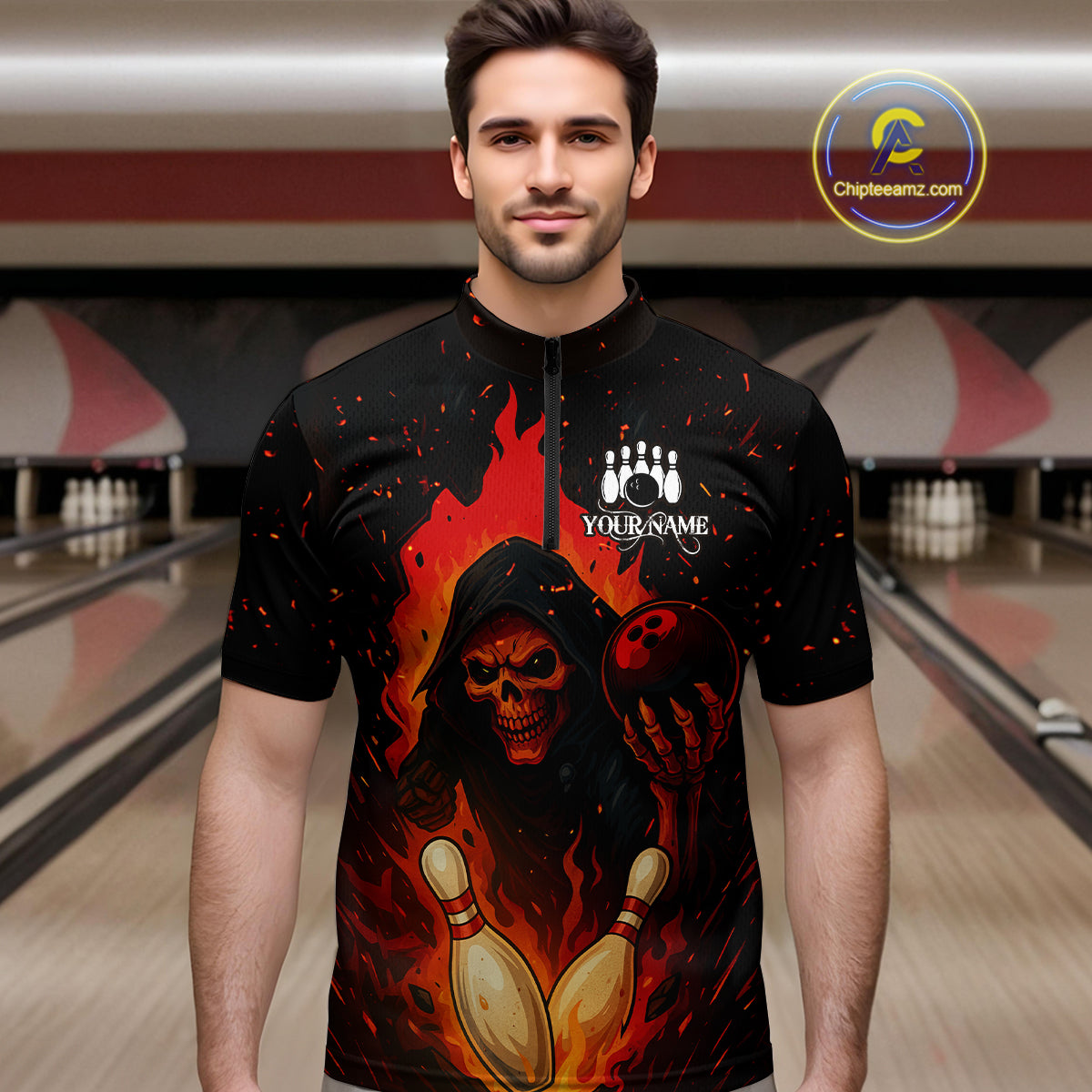 Black and Red Flame Skull Reaper Bowling Shirt For Men Custom Halloween Bowling Team Outfit Jerseys NQS10695